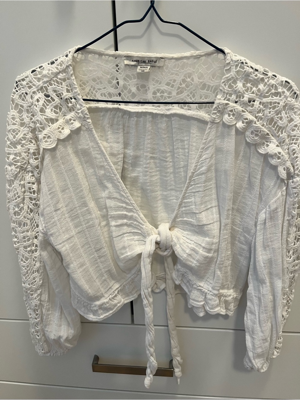 American Eagle White Crochet Tie-Front Crop Top